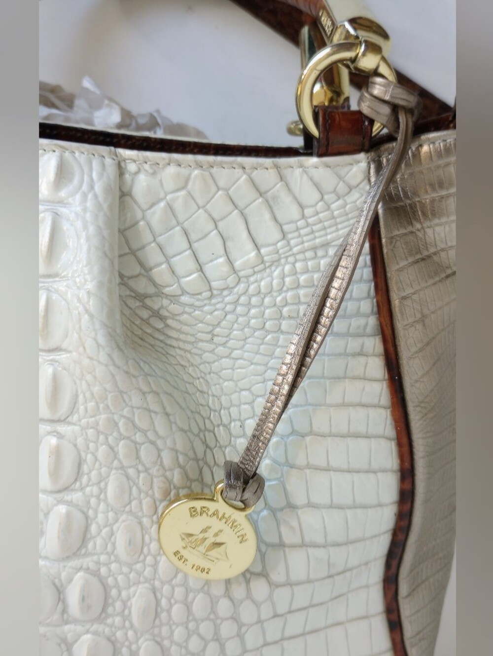 Brahmin Ruby Satchel In Pearl Akoya, Croc And Lizzard Embossed Leather - Picture 4 of 10